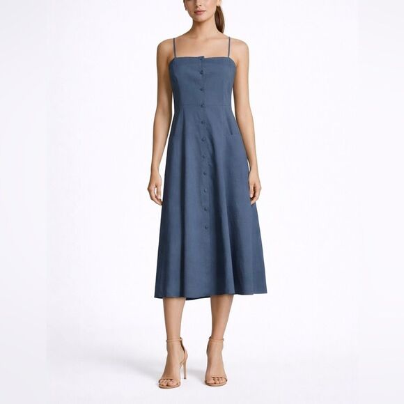 Theory Dresses & Skirts - Theory Kayleigh Crunch Linen Blend Midi Dress Blue Button Front Women’s Size 6